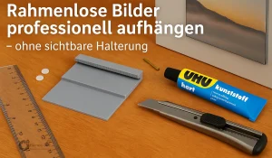 Werkzeuge und Materialien zum unsichtbaren Aufhängen rahmenloser Bilder auf einem Holztisch