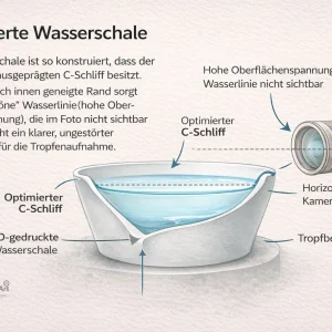 Optimierte Wasserschale aus dem 3D Druck mit C-Schliff für hohe Wasseroberflächenspannung für die Tropfenfotografie