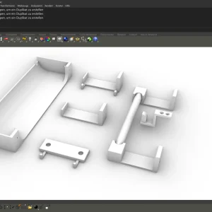3D Modellansicht eines Hakensystems mit verschiedenen verschraubbaren Haken und Halterungen im CAD-Programm