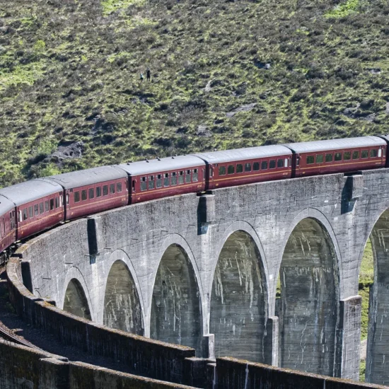 Diesellok mit maroonfarbenen Waggons auf dem Glenfinnan Viadukt bei Tageslicht, ohne Dampflok.