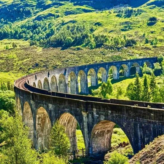 Das Glenfinnan Viadukt in den schottischen Highlands mit grüner Landschaft und Steinbögen in Kurvenform.